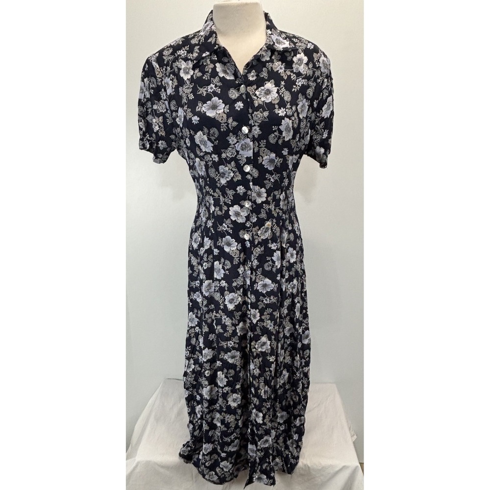 Vtg Metropolitan NY Floral Maxi Dress Sz 8 Blue Button Front Cottage 90s Y2K